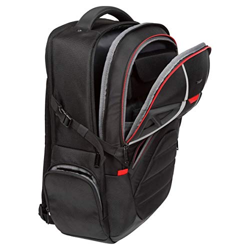 Targus STRIKE Mochila para portátil y accesorios de juego de hasta 17,3", mochila antirrobo con bolsillo de seguridad oculto y funda chubasquero - Negro/Rojo, TSB900EU