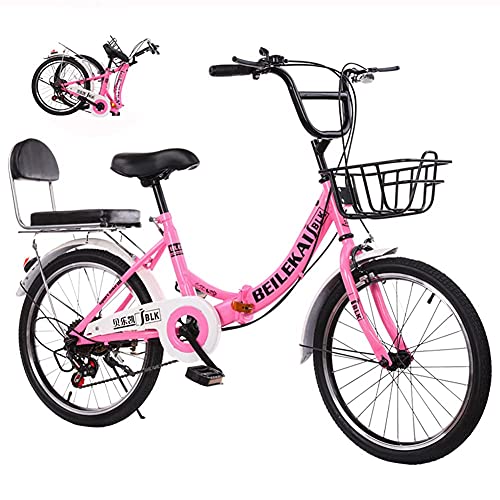 TBNB Bicicleta Plegable para niños de 20-24 Pulgadas, 7 velocidades, Bicicleta de Carretera portátil para Exteriores para niños y niñas, Adolescentes, con Asiento Trasero y Canasta (Rosa 22 pulga