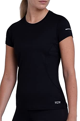 TCA Mujer Top Da Entrenamiento Manga Corta Atómica Quickdry Slim Fit Pro - Black Stealth (Negro), S