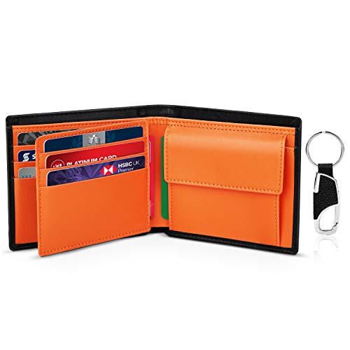 TEEHON Cartera Hombre, Cartera RFID, Cartera Cuero Hombre con 10 Tarjetas (Incluye 1 ID), 2 Compartimentos para Billetes, 1 Bolsillo para Monedas con Botón, Llavero y Regalo de Caja - Naranja Negro