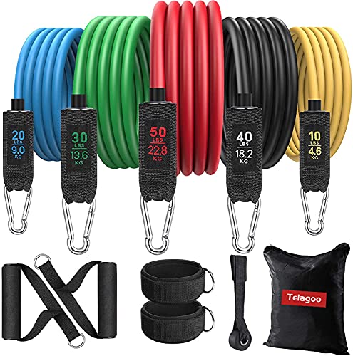 Telagoo Bandas Elasticas Musculacion Fitness 150LBS, Set de Bandas de Resistencia con 5 Tubos de Látex, Gomas Elasticas Fitness para Yoga, Pilates, Estiramientos, Gimnasio en Casa, Glúteos Ejercicios