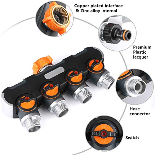 Tencoz Divisor de Manguera de 4 vías, Distribuidor 4 Vias 3/4" Divisor de Manguera de Jardín, Conector de Grifo con Válvula Individual para Riego, Limpieza, Jardín
