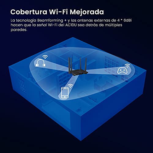 Tenda AC10U - Router Gigabit Inalámbrico de Doble Banda, 2.4 GHz a 300 Mbps y 5 GHz a 867 Mbps, 4 x 6 dBi antenas externas, USB 2.0, Gaming, Modo WISP, Clon MAC, Tecnología MU-MIMO, Beamforming+