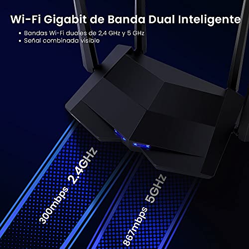 Tenda AC10U - Router Gigabit Inalámbrico de Doble Banda, 2.4 GHz a 300 Mbps y 5 GHz a 867 Mbps, 4 x 6 dBi antenas externas, USB 2.0, Gaming, Modo WISP, Clon MAC, Tecnología MU-MIMO, Beamforming+