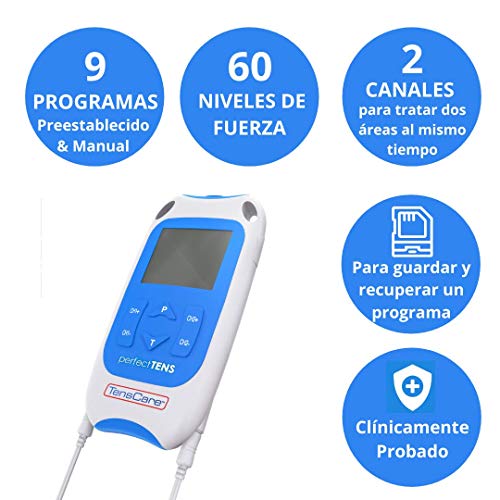 TensCare Perfect Tens – Electroestimulador para Alivio del dolor. 2 Canales con 4 electrodos, con programas Clínicamente Comprobados para aliviar el dolor de espalda, Artritis y Lumbalgia