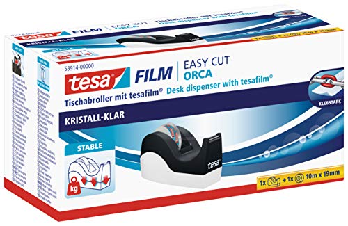 tesa EasyCut ORCA - Dispensador de Cinta Adhesiva - Dispensador con Base Antideslizante para Mesas y Escritorios - Incluye 1 Rollo de Cinta tesafilm 10m x 19 mm - Negro y Blanco