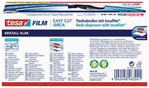 tesa EasyCut ORCA - Dispensador de Cinta Adhesiva - Dispensador con Base Antideslizante para Mesas y Escritorios - Incluye 1 Rollo de Cinta tesafilm 10m x 19 mm - Negro y Blanco