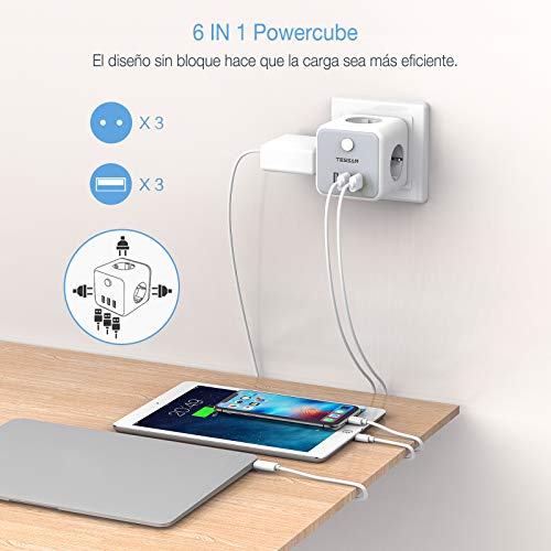 TESSAN Enchufe USB, 6 en 1 Cubo Ladron Enchufes Triple con 3 Puertos USB, Cubo Enchufe Multiple Pared con Interruptor, Cargador USB Compatible con Phone, Pad, Ladron USB para Hogar Oficina