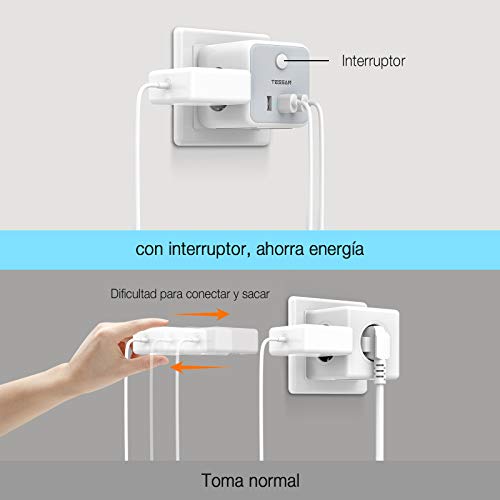 TESSAN Enchufe USB, 6 en 1 Cubo Ladron Enchufes Triple con 3 Puertos USB, Cubo Enchufe Multiple Pared con Interruptor, Cargador USB Compatible con Phone, Pad, Ladron USB para Hogar Oficina