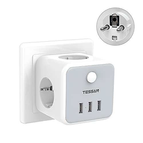 TESSAN Enchufe USB, 6 en 1 Cubo Ladron Enchufes Triple con 3 Puertos USB, Cubo Enchufe Multiple Pared con Interruptor, Cargador USB Compatible con Phone, Pad, Ladron USB para Hogar Oficina