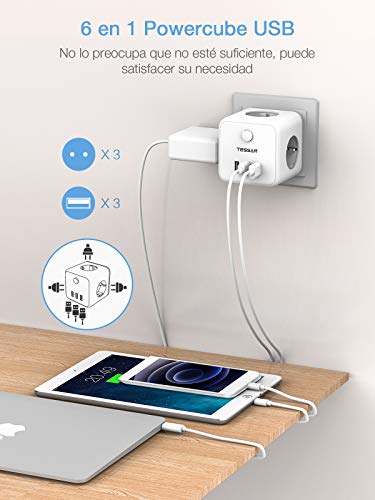 TESSAN Enchufe USB, Cubo Enchufe Multiple Pared con 3 Puertos USB y 3 Tomas, Ladron Enchufes Triple con Interruptor, Cargador USB para Cocina, Casa y Oficina, Compatible con Phone, Blanco