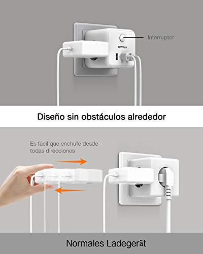 TESSAN Enchufe USB, Cubo Enchufe Multiple Pared con 3 Puertos USB y 3 Tomas, Ladron Enchufes Triple con Interruptor, Cargador USB para Cocina, Casa y Oficina, Compatible con Phone, Blanco