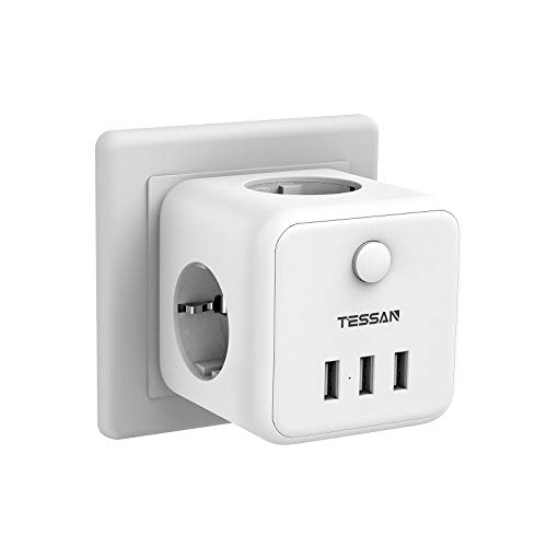 TESSAN Enchufe USB, Cubo Enchufe Multiple Pared con 3 Puertos USB y 3 Tomas, Ladron Enchufes Triple con Interruptor, Cargador USB para Cocina, Casa y Oficina, Compatible con Phone, Blanco