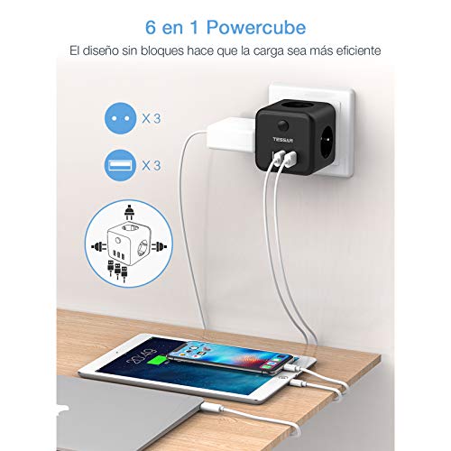 TESSAN Enchufe USB, Enchufes estándar 6 en 1 Ladron Enchufes Triple con 3 puertos USB, Cubo Enchufe Multiple Pared con Interruptor, Cargador USB Compatible con Phone, Pad, Ladron USB