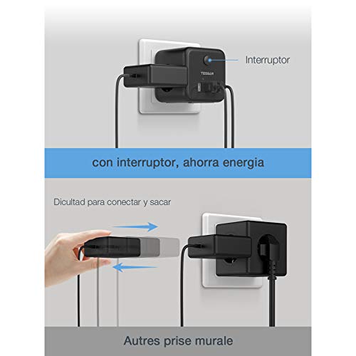 TESSAN Enchufe USB, Enchufes estándar 6 en 1 Ladron Enchufes Triple con 3 puertos USB, Cubo Enchufe Multiple Pared con Interruptor, Cargador USB Compatible con Phone, Pad, Ladron USB