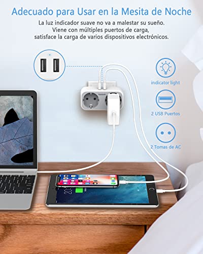 TESSAN Ladron Enchufes USB, 4 en 1 Enchufe Multiple con Doble Enchufe y 2 USB, Ladrones Enchufes Modernos Compatible con Phone, Enchufe Pared Doble con Luz de Recordatorio para el Hogar, Oficina