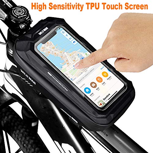 TEUEN Bolsa Bicicleta Impermeable Bolsa Movil Bici con Ventana para Pantalla Táctil, Bolsa para Cuadro Bicicleta Montaña para Smartphones de hasta 6,5" (Negro)