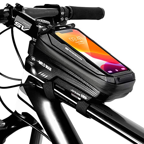 TEUEN Bolsa Bicicleta Impermeable Bolsa Movil Bici con Ventana para Pantalla Táctil, Bolsa para Cuadro Bicicleta Montaña para Smartphones de hasta 6,5" (Negro)