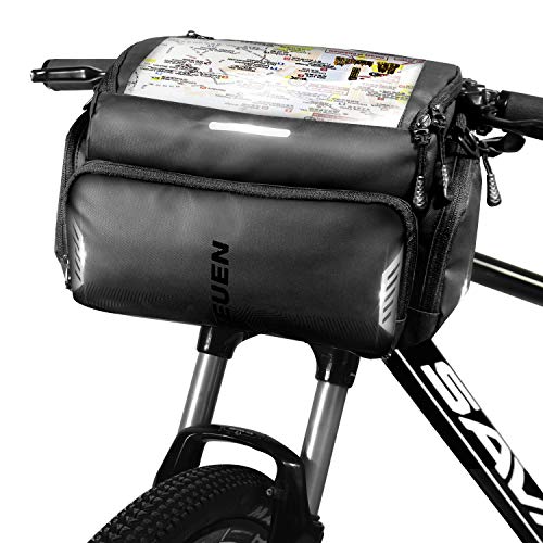 TEUEN Bolsa Manillar Bicicleta Impermeable Bolsa Delantera Bici Montaña con Pantalla Táctil para Movil GPS, 4L Bolsas para Manillar de Bicicleta Carretera con Cubierta de Lluvia y Reflectante (Negro)