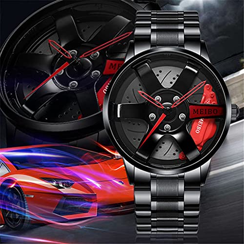 Thomm Hombre Reloj Reloj De Coche Relojes De Malla Rim HUB Esteraoscópico Diseño Estereoscópico Movimiento De Cuarzo Reloj De Pulsera Apariencia Analógica para Hombres (Color : Red)