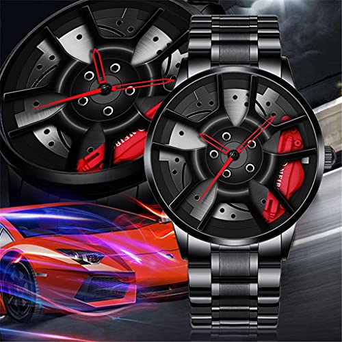 Thomm Relojes para Hombre Rueda De Coche Reloj Deportivo Cubo De Llanta De Malla Diseño De Rueda Estereoscópica Movimiento De Cuarzo Reloj De Pulsera Entusiasta del Coche Analógico para Hombre