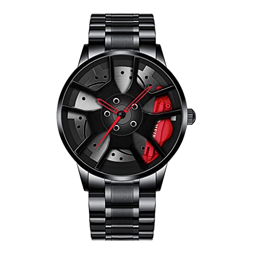 Thomm Relojes para Hombre Rueda De Coche Reloj Deportivo Cubo De Llanta De Malla Diseño De Rueda Estereoscópica Movimiento De Cuarzo Reloj De Pulsera Entusiasta del Coche Analógico para Hombre