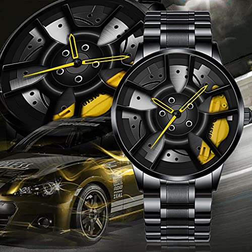 Thomm Relojes para Hombre Rueda De Coche Reloj Deportivo Cubo De Llanta De Malla Diseño De Rueda Estereoscópica Movimiento De Cuarzo Reloj De Pulsera Entusiasta del Coche Analógico para Hombre