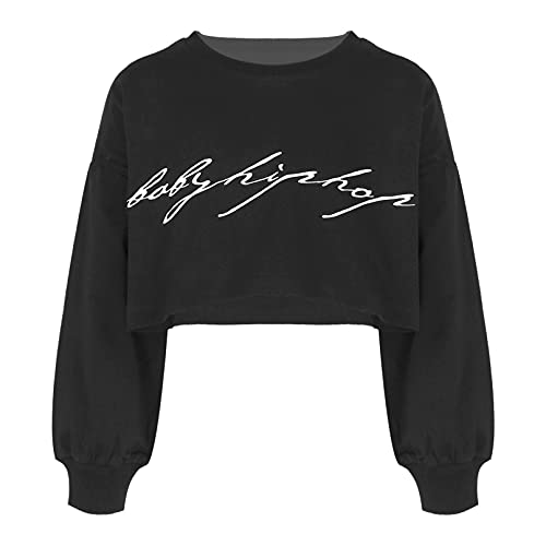 TiaoBug Sudadera de Deportivo sin Capucha para Niña Crop Top Camiseta de Manga Larga de Algodón Primavera Otoño Ropa de Baile Callejero Hiphop 3-18 Años Negro 11-12 años