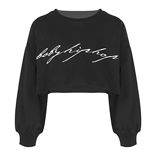 TiaoBug Sudadera de Deportivo sin Capucha para Niña Crop Top Camiseta de Manga Larga de Algodón Primavera Otoño Ropa de Baile Callejero Hiphop 3-18 Años Negro 11-12 años