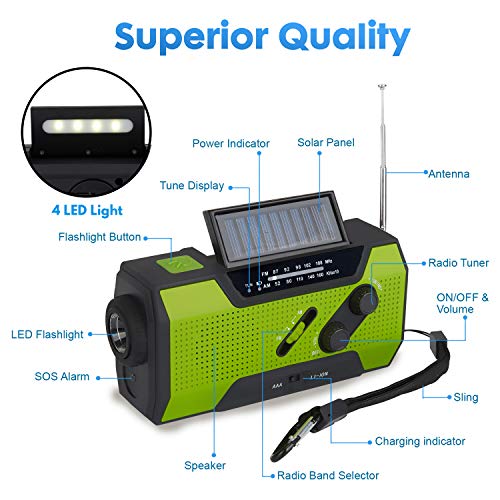 TKOOFN Radio de Emergencia Manivela FM Am, Generacion Solar Portátil Multifunción Al Aire Libre Novedad Radio con 2000mAh como Power Bank/Lámpara de Lectura de 4 Leds/Linterna LED/Alarma SOS