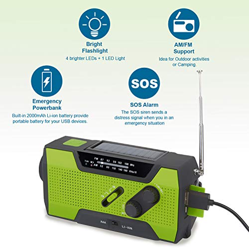 TKOOFN Radio de Emergencia Manivela FM Am, Generacion Solar Portátil Multifunción Al Aire Libre Novedad Radio con 2000mAh como Power Bank/Lámpara de Lectura de 4 Leds/Linterna LED/Alarma SOS