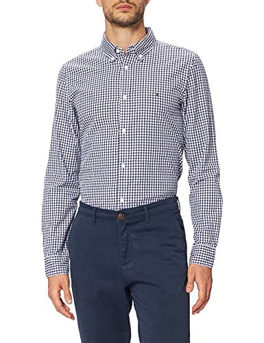 Tommy Hilfiger Camisa Fina de Cuadros Suave y Natural, Carbon Navy/White, L para Hombre