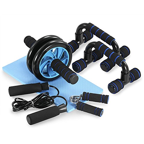 TOMSHOO 5 in 1 - Kit de Rueda Abdominal, Push Up Bars, Cuerda para Saltar, Fortalecedor de Mano, Rodilla Mat para Entrenamiento en Casa Ejercicios Fitness (Negro y Azul)