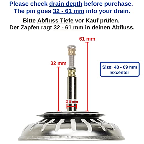 Tornillo extensor de cesta, longitud de 48-69 mm con tornillo de bloqueo ajustable, diámetro 8 mm, cesta de tornillo de reemplazo, acero inoxidable, pieza de repuesto para tapón de fregadero cocina