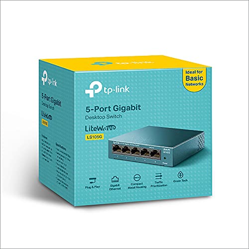 TP-Link LS105G - Switch Ethernet 5 Puertos (10/100/1000Mbps), Switch Gigabit, Switch WiFi, Carcasa metálica, Ultraligero, Super disipación de Calor, QoS, Ahorro de Energía, Silencioso, No Gestionado