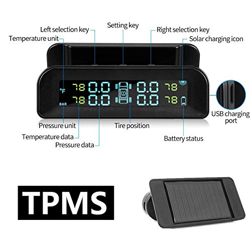 TPMS Sistema de Presión de Neumáticos para Coche Inalámbrica de Seguridad Energía Solar con 4 Sensores Externos Carga USB Pantalla LCD en Tiempo Real Presión y Temperatura de 4 Neumáticos