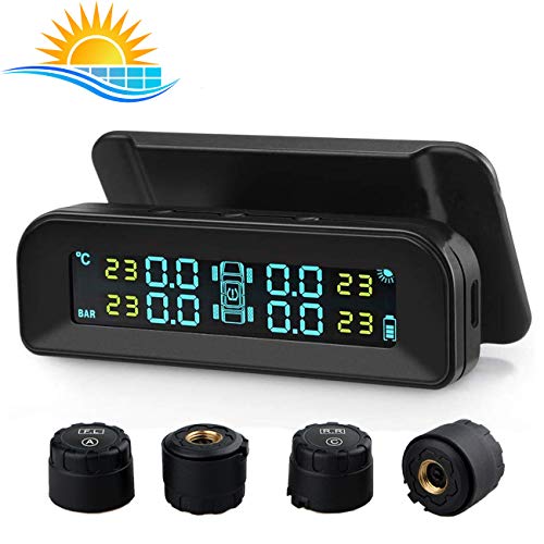 TPMS Sistema de Presión de Neumáticos para Coche Inalámbrica de Seguridad Energía Solar con 4 Sensores Externos Carga USB Pantalla LCD en Tiempo Real Presión y Temperatura de 4 Neumáticos