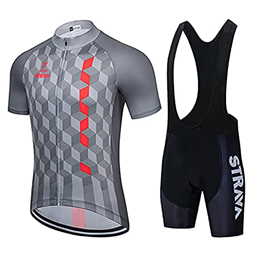 Traje Ciclismo Hombre para Verano, Jersey + Pantalones Cortos y Babero Acolchado para Ciclismo Deportes ai Aire Libre con 9D Acolchado de Gel (Gris-A,XS)