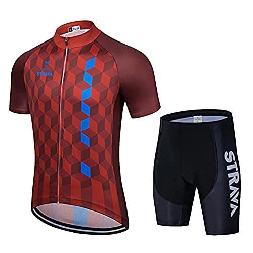 Traje Ciclismo Hombre para Verano, Jersey + Pantalones Cortos y Babero Acolchado para Ciclismo Deportes ai Aire Libre con 9D Acolchado de Gel (Rojo-B,XS)