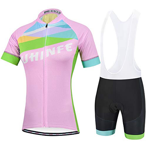 Traje Ciclismo Mujer Verano, Transpirable y elástico Maillot Ciclismo y Pantalon para MTB, Ropa Ciclismo para Bicicleta de Carretera, Rosa, M