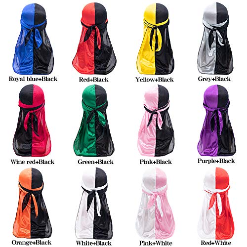 Treer Hombres Mujers Durag de Seda con Cola Larga, Sedoso y Suave Hip Hop Turbante Bicolor para Danza Callejera, Ciclismo al Aire Libre y Decoración Diaria (Morado + Negro,100cm)