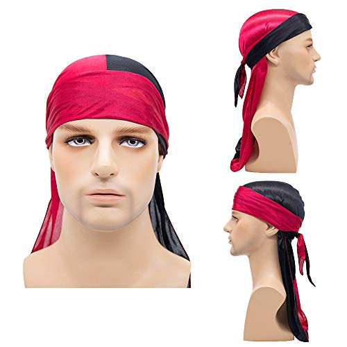 Treer Hombres Mujers Durag de Seda con Cola Larga, Sedoso y Suave Hip Hop Turbante Bicolor para Danza Callejera, Ciclismo al Aire Libre y Decoración Diaria (Morado + Negro,100cm)