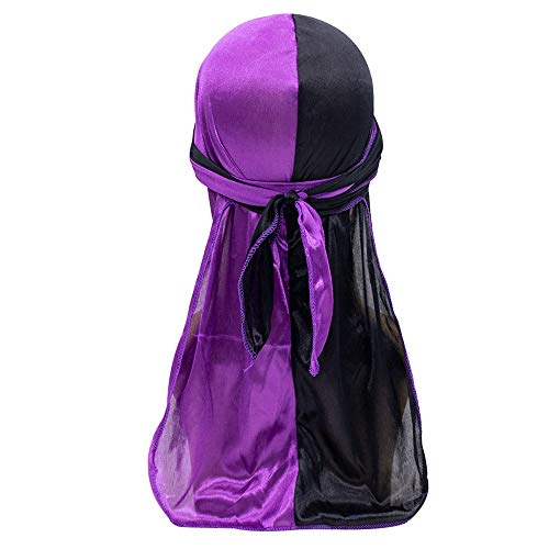 Treer Hombres Mujers Durag de Seda con Cola Larga, Sedoso y Suave Hip Hop Turbante Bicolor para Danza Callejera, Ciclismo al Aire Libre y Decoración Diaria (Morado + Negro,100cm)