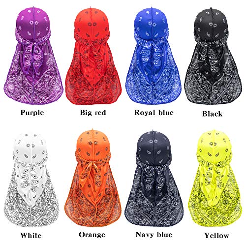 Treer Hombres Mujers Seda Turbante de Cola Larga Durag, Sombrero Bandana Estampado Paisley Suave para Danza Callejera, Ciclismo al Aire Libre y Decoración Diaria (Blanco,100cm)