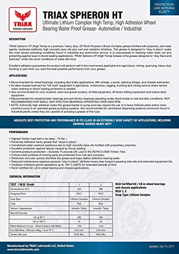Triax Spheron HT-2 Grasa roja, para rodamientos, complejo de Litio, Altas Temperatura hasta 287 °C, ultra adherente, soporta presiones extremas, prácticamente impermeable (10 tubos de 14 onzas)