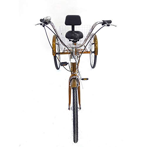Triciclo para adultos, 24 pulgadas, 6 velocidades, 3 ruedas, para personas mayores, con respaldo, triciclo para adultos con cesta, color dorado