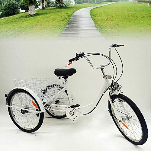 Triciclo para adultos – 24 pulgadas, triciclo para adultos, 6 marchas, triciclo para adultos con cesta y lámpara, 3 ruedas para adultos, triciclo cómodo, bicicleta al aire libre, deportes de ciudad
