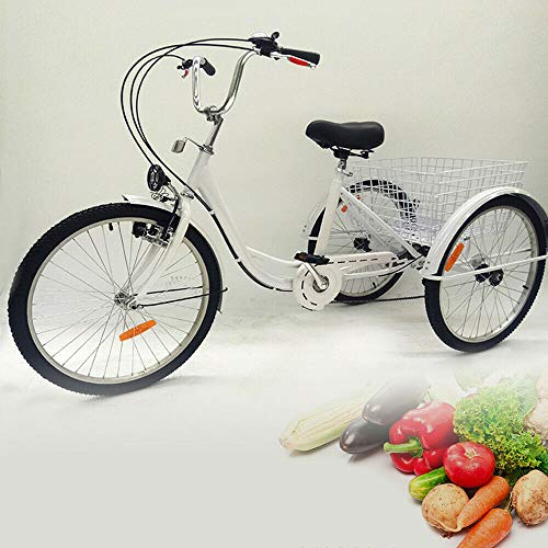 Triciclo para adultos de 24 pulgadas a 6 velocidades, bicicleta de pedal de 3 ruedas con cesta de gran capacidad y luz, para compras al aire libre, deportes de picnic (blanco)