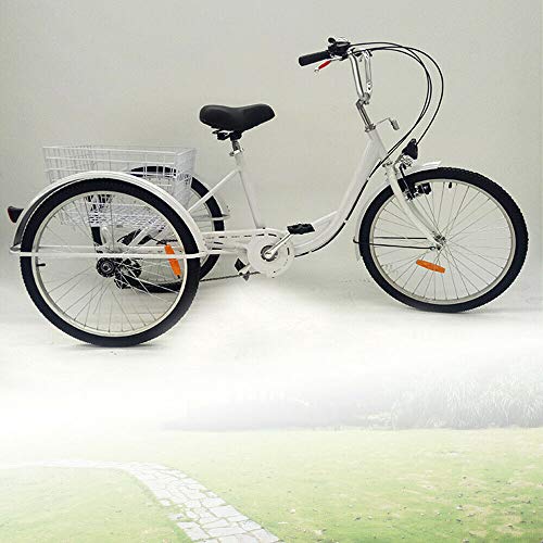 Triciclo para adultos de 24 pulgadas a 6 velocidades, bicicleta de pedal de 3 ruedas con cesta de gran capacidad y luz, para compras al aire libre, deportes de picnic (blanco)