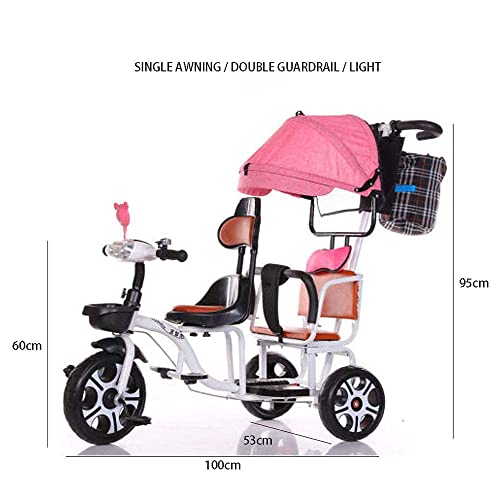 Triciclo para bebés, biplaza, acero con alto contenido de carbono, bicitaxi para dos manos, bicis, biplaza con toldo individual / barrera doble / luz, triciclo para niños, color blanco para niños de